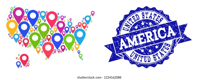 Compositions of bright map of USA and Alaska and grunge stamp seal. Mosaic vector map of USA and Alaska is designed with bright site markers. Flat design elements for politic posters.