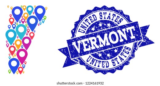 Compositions of bright map of Vermont State and grunge stamp seal. Mosaic vector map of Vermont State is designed with bright map pins. Flat design elements for patriotic projects.