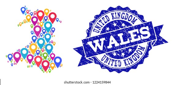 Compositions of bright map of Wales and grunge stamp seal. Mosaic vector map of Wales is designed with bright map pins. Abstract design elements for patriotic wallpapers. Blue stamp contains rosette,