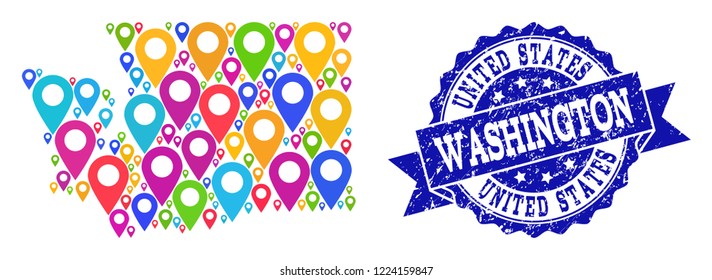 Compositions of bright map of Washington State and grunge stamp seal. Mosaic vector map of Washington State is created with bright map markers. Abstract design elements for patriotic projects.