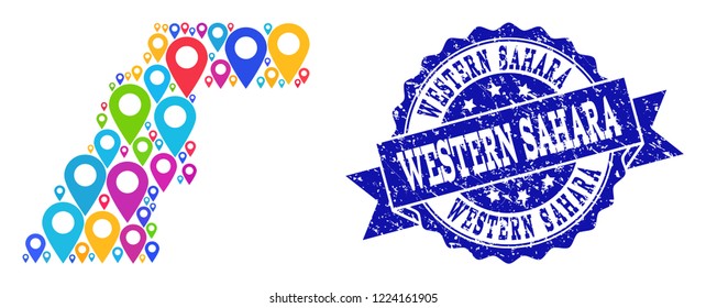 Compositions of bright map of Western Sahara and grunge stamp seal. Mosaic vector map of Western Sahara is composed with colorful site pins. Abstract design elements for site applications.