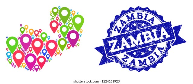 Compositions of bright map of Zambia and grunge stamp seal. Mosaic vector map of Zambia is designed with bright map markers. Abstract design elements for site wallpapers. Blue stamp contains rosette,