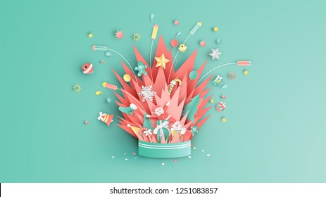 Compositions of Christmas float up from firework box. Graphic design for Christmas season. paper cut and craft design. vector. illustration.