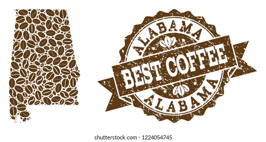 Compositions of coffee map of Alabama State and grunge stamp seal. Mosaic vector map of Alabama State is composed with coffee beans. Abstract design elements for coffeeshop purposes.