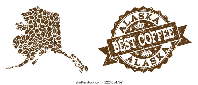 Compositions of coffee map of Alaska State and grunge stamp seal. Mosaic vector map of Alaska State is formed with coffee beans. Abstract design elements for coffeeshop projects.