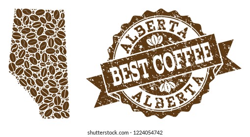 Compositions of coffee map of Alberta Province and grunge stamp seal. Mosaic vector map of Alberta Province is designed with coffee beans. Abstract design elements for coffeeshop posters.