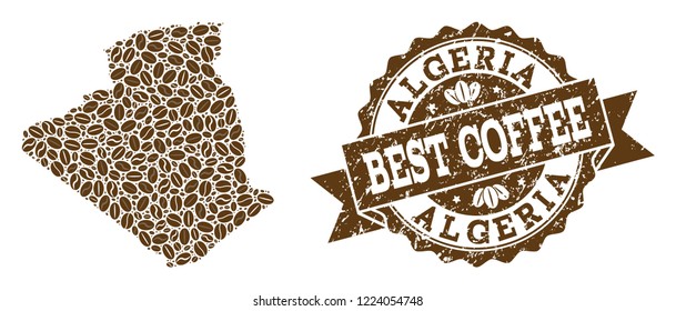 Compositions of coffee map of Algeria and grunge stamp seal. Mosaic vector map of Algeria is formed with coffee beans. Flat design elements for coffeeshop wallpapers. Stamp contains rosette, ribbon,