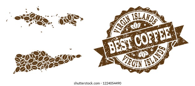 Compositions of coffee map of American Virgin Islands and grunge stamp seal. Mosaic vector map of American Virgin Islands is composed with coffee beans.