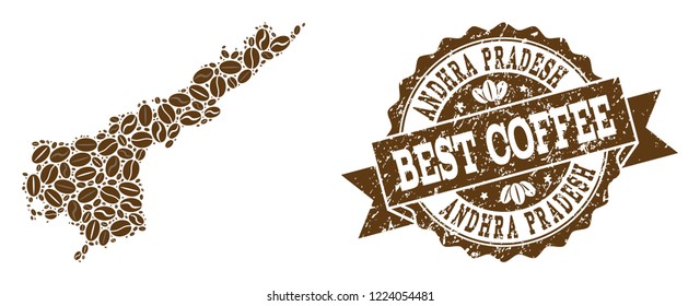 Compositions of coffee map of Andhra Pradesh State and grunge stamp seal. Mosaic vector map of Andhra Pradesh State is composed with coffee beans. Flat design elements for cafeteria illustrations.