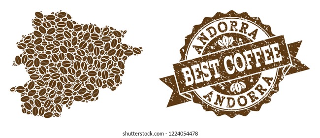 Compositions of coffee map of Andorra and grunge stamp seal. Mosaic vector map of Andorra is designed with coffee beans. Flat design elements for coffeeshop purposes. Stamp contains rosette, ribbon,
