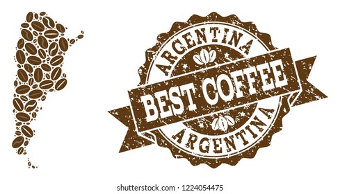 Compositions of coffee map of Argentina and grunge stamp seal. Mosaic vector map of Argentina is designed with coffee beans. Abstract design elements for coffeeshop advertisement.
