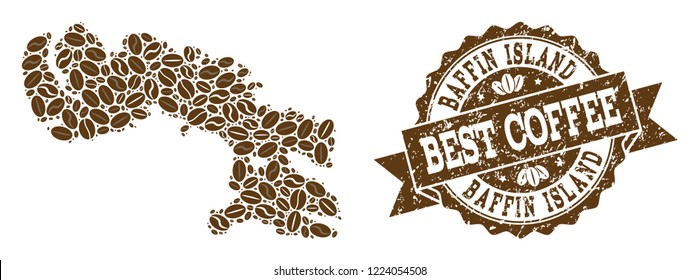 Compositions of coffee map of Baffin Island and grunge stamp seal. Mosaic vector map of Baffin Island is formed with coffee beans. Flat design elements for cafe posters. Stamp contains rosette,