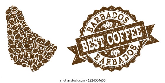 Compositions of coffee map of Barbados and grunge stamp seal. Mosaic vector map of Barbados is designed with coffee beans. Abstract design elements for cafe wallpapers. Stamp contains rosette, ribbon,