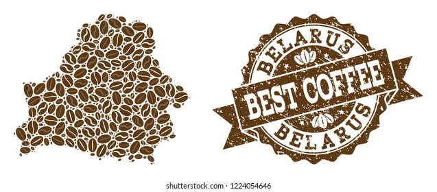 Compositions of coffee map of Belarus and grunge stamp seal. Mosaic vector map of Belarus is formed with coffee beans. Abstract design elements for cafeteria posters. Stamp contains rosette, ribbon,