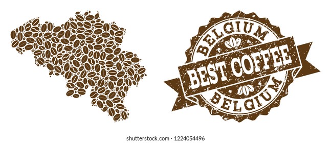 Compositions of coffee map of Belgium and grunge stamp seal. Mosaic vector map of Belgium is composed with coffee beans. Abstract design elements for cafeteria applications. Stamp contains rosette,