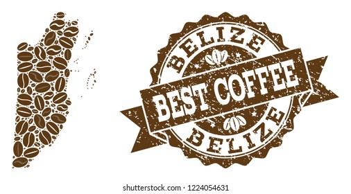 Compositions of coffee map of Belize and grunge stamp seal. Mosaic vector map of Belize is created with coffee beans. Flat design elements for cafe applications. Stamp contains rosette, ribbon,
