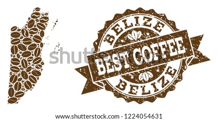 Compositions of coffee map of Belize and grunge stamp seal. Mosaic vector map of Belize is created with coffee beans. Flat design elements for cafe applications. Stamp contains rosette, ribbon,