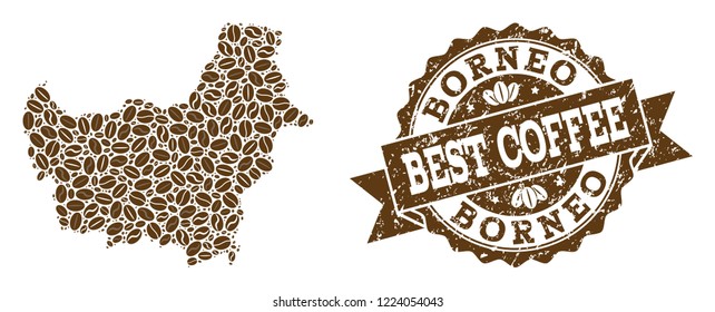 Compositions of coffee map of Borneo Island and grunge stamp seal. Mosaic vector map of Borneo Island is formed with coffee beans. Abstract design elements for coffeeshop wallpapers.