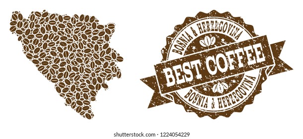 Compositions of coffee map of Bosnia and Herzegovina and grunge stamp seal. Mosaic vector map of Bosnia and Herzegovina is composed with coffee beans. Abstract design elements for cafe advertisement.