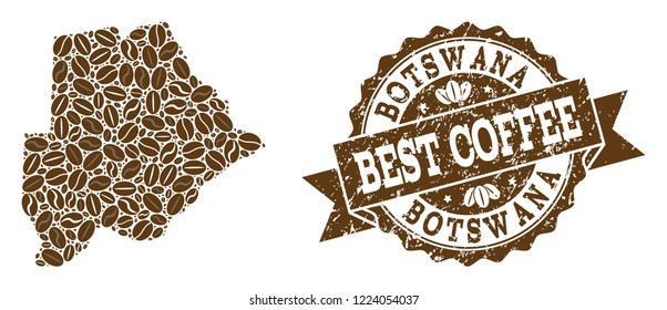 Compositions of coffee map of Botswana and grunge stamp seal. Mosaic vector map of Botswana is designed with coffee beans. Abstract design elements for cafe advertisement. Stamp contains rosette,