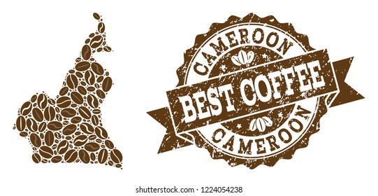 Compositions of coffee map of Cameroon and grunge stamp seal. Mosaic vector map of Cameroon is formed with coffee beans. Abstract design elements for cafe applications. Stamp contains rosette, ribbon,