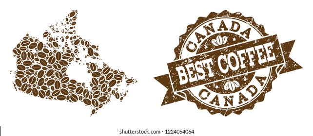 Compositions of coffee map of Canada and grunge stamp seal. Mosaic vector map of Canada is composed with coffee beans. Abstract design elements for coffeeshop advertisement. Stamp contains rosette,