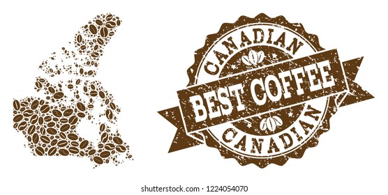 Compositions of coffee map of Canada and grunge stamp seal. Mosaic vector map of Canada is formed with coffee beans. Flat design elements for cafe illustrations. Stamp contains rosette, ribbon,