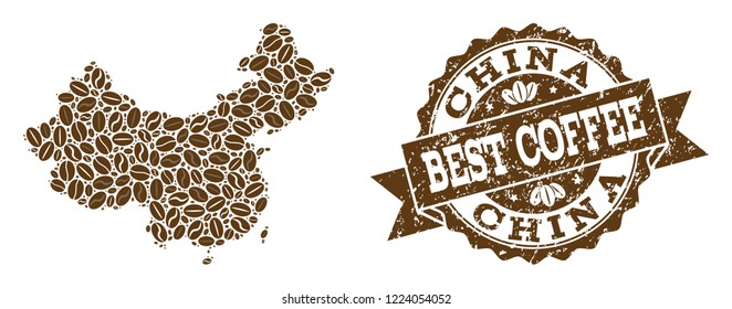 Compositions of coffee map of China and grunge stamp seal. Mosaic vector map of China is formed with coffee beans. Abstract design elements for coffeeshop wallpapers. Stamp contains rosette, ribbon,