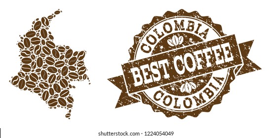 Compositions of coffee map of Colombia and grunge stamp seal. Mosaic vector map of Colombia is created with coffee beans. Abstract design elements for cafe advertisement. Stamp contains rosette,