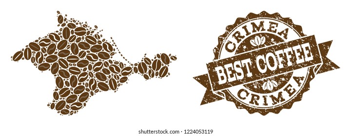Compositions of coffee map of Crimea and grunge stamp seal. Mosaic vector map of Crimea is designed with coffee beans. Abstract design elements for cafe applications. Stamp contains rosette, ribbon,