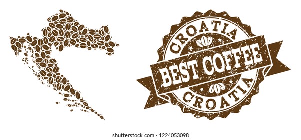 Compositions of coffee map of Croatia and grunge stamp seal. Mosaic vector map of Croatia is created with coffee beans. Flat design elements for coffeeshop posters. Stamp contains rosette, ribbon,