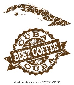 Compositions of coffee map of Cuba Island and grunge stamp seal. Mosaic vector map of Cuba Island is designed with coffee beans. Abstract design elements for coffeeshop purposes.