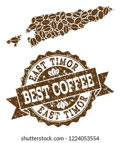 Compositions of coffee map of East Timor and grunge stamp seal. Mosaic vector map of East Timor is formed with coffee beans. Abstract design elements for coffeeshop purposes. Stamp contains rosette,