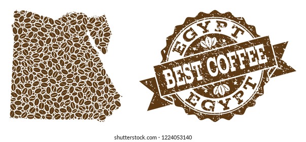 Compositions of coffee map of Egypt and grunge stamp seal. Mosaic vector map of Egypt is formed with coffee beans. Abstract design elements for coffeeshop applications. Stamp contains rosette, ribbon,