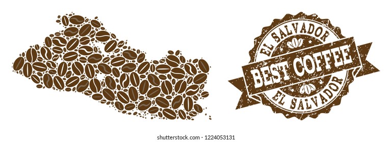 Compositions of coffee map of El Salvador and grunge stamp seal. Mosaic vector map of El Salvador is formed with coffee beans. Abstract design elements for cafe advertisement. Stamp contains rosette,