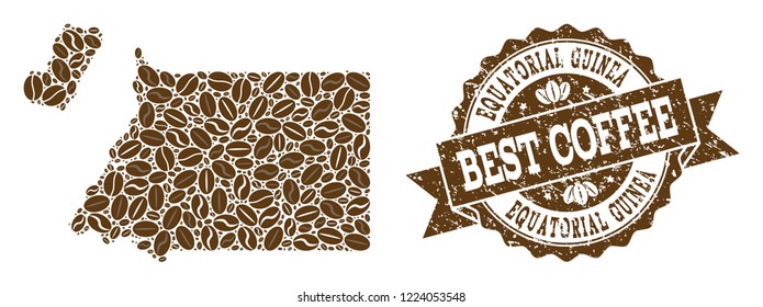 Compositions of coffee map of Equatorial Guinea and grunge stamp seal. Mosaic vector map of Equatorial Guinea is created with coffee beans. Flat design elements for cafeteria illustrations.
