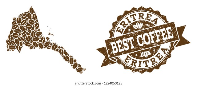 Compositions of coffee map of Eritrea and grunge stamp seal. Mosaic vector map of Eritrea is designed with coffee beans. Flat design elements for cafe posters. Stamp contains rosette, ribbon, circle,
