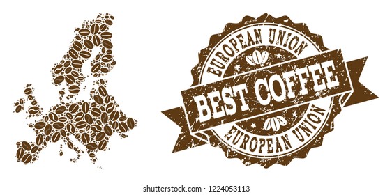 Compositions of coffee map of Euro Union and grunge stamp seal. Mosaic vector map of Euro Union is created with coffee beans. Abstract design elements for coffeeshop posters. Stamp contains rosette,