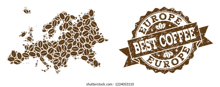 Compositions of coffee map of Europe and grunge stamp seal. Mosaic vector map of Europe is designed with coffee beans. Abstract design elements for cafeteria wallpapers. Stamp contains rosette,