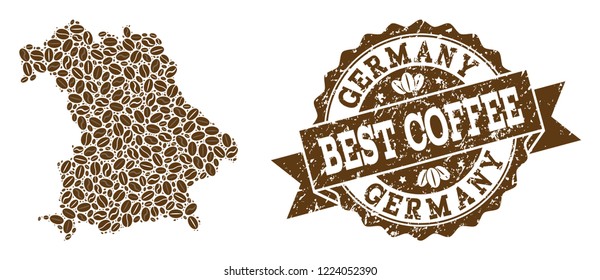 Compositions of coffee map of Germany and grunge stamp seal. Mosaic vector map of Germany is created with coffee beans. Abstract design elements for cafe applications. Stamp contains rosette, ribbon,