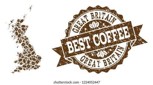 Compositions of coffee map of Great Britain and grunge stamp seal. Mosaic vector map of Great Britain is composed with coffee beans. Abstract design elements for coffeeshop applications.