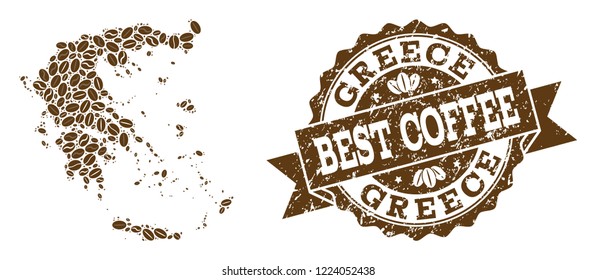 Compositions of coffee map of Greece and grunge stamp seal. Mosaic vector map of Greece is composed with coffee beans. Abstract design elements for cafeteria purposes. Stamp contains rosette, ribbon,