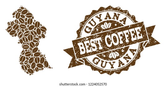 Kompositionen der Kaffeekarte von Guyana und Grunge-Stempel-Siegel. Die Mosaikvektorkarte von Guyana besteht aus Kaffeebohnen. Abstrakte Design-Elemente für Kaffeeshop-Zwecke. Stempel enthalten Rosette, Band,