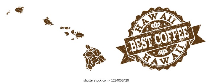 Compositions of coffee map of Hawaii State and grunge stamp seal. Mosaic vector map of Hawaii State is designed with coffee beans. Flat design elements for cafe projects. Stamp contains rosette,