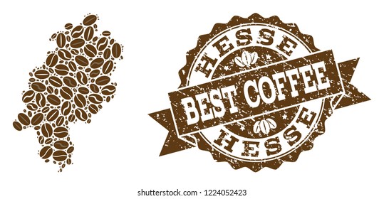 Compositions of coffee map of Hesse State and grunge stamp seal. Mosaic vector map of Hesse State is designed with coffee beans. Flat design elements for cafeteria wallpapers. Stamp contains rosette,
