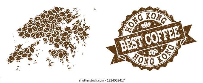 Compositions of coffee map of Hong Kong and grunge stamp seal. Mosaic vector map of Hong Kong is composed with coffee beans. Flat design elements for coffeeshop projects. Stamp contains rosette,