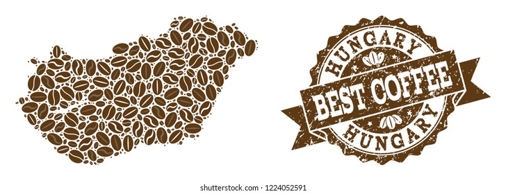 Compositions of coffee map of Hungary and grunge stamp seal. Mosaic vector map of Hungary is designed with coffee beans. Flat design elements for coffeeshop advertisement. Stamp contains rosette,
