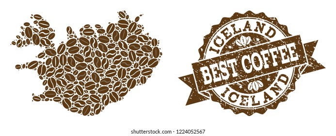 Compositions of coffee map of Iceland and grunge stamp seal. Mosaic vector map of Iceland is designed with coffee beans. Flat design elements for coffeeshop projects. Stamp contains rosette, ribbon,