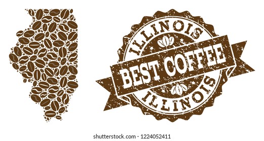 Compositions of coffee map of Illinois State and grunge stamp seal. Mosaic vector map of Illinois State is composed with coffee beans. Abstract design elements for cafeteria projects.