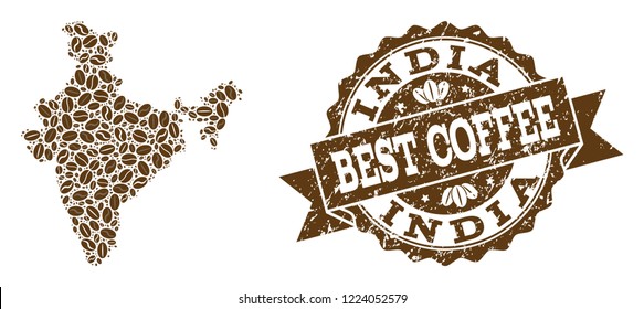 Compositions of coffee map of India and grunge stamp seal. Mosaic vector map of India is composed with coffee beans. Abstract design elements for cafe projects. Stamp contains rosette, ribbon, circle,